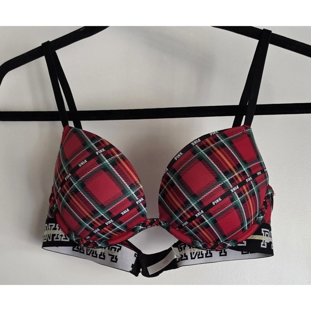 Victoria's Secret PINK Bralette Plaid Red Green Black White Longline 23